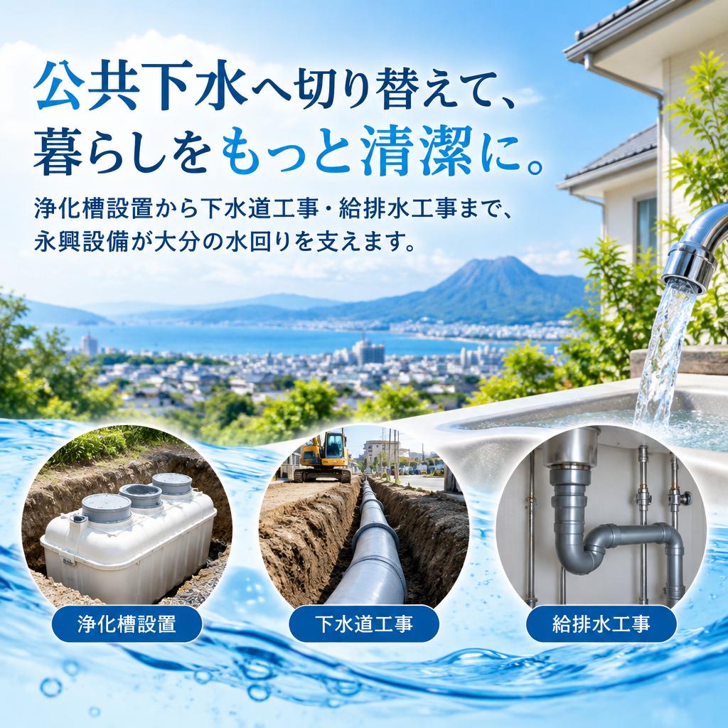 公共下水へ切り替えて、暮らしをもっと清潔に。浄化槽設置から下水道工事・給排水工事まで、永興設備が大分の水回りを支えます。