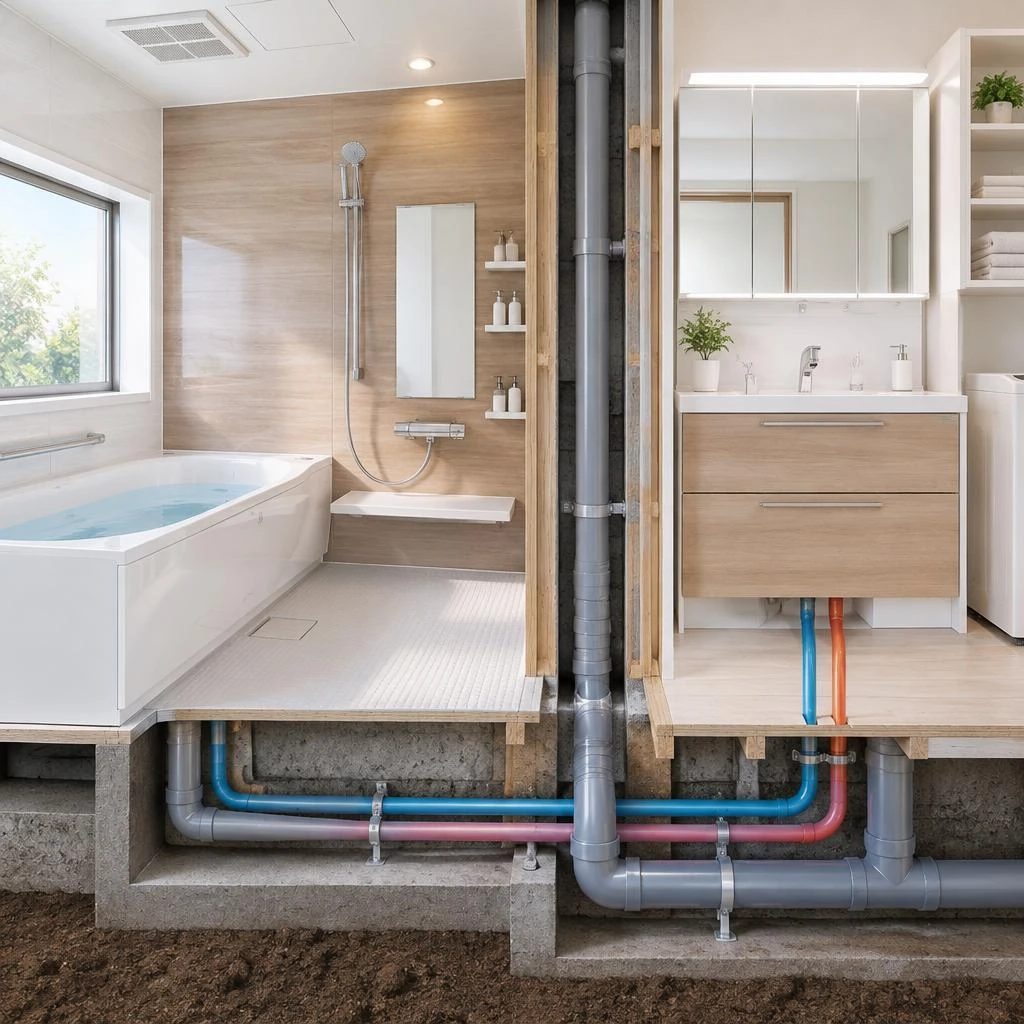 風呂・洗面のリフォームは、見えない排水通気まで見直して快適に。給排水工事から撤去まで、永興設備が大分の住まいを丁寧にサポートします。